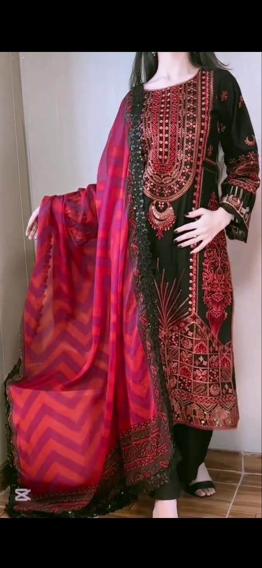BLACK EMBROIDERED COTTON 3PC SUIT WITH RED DUPATTA