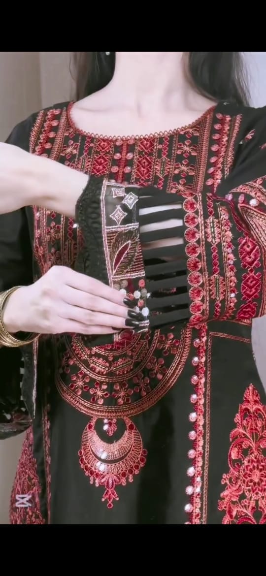 BLACK EMBROIDERED COTTON 3PC SUIT WITH RED DUPATTA