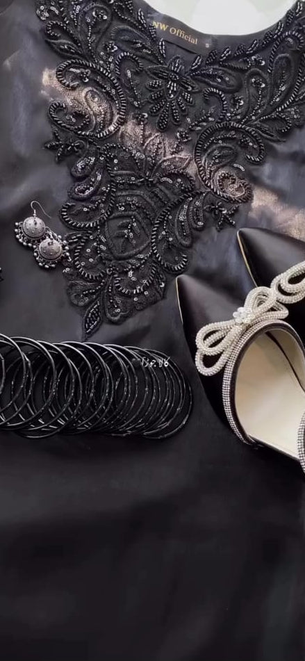 BLACK 3PC SUIT WITH BEAUTIFUL NECK EMBROIDERY