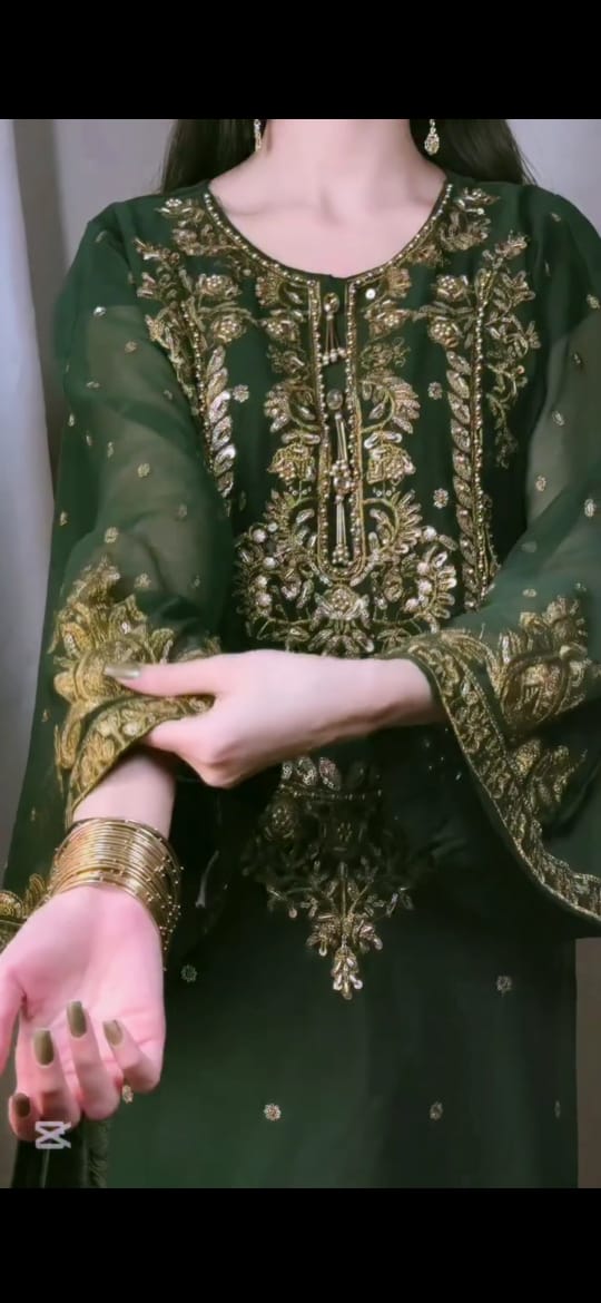 FOREST GREEN HEAVY EMBROIDERED HANDWORK 3PC SUIT