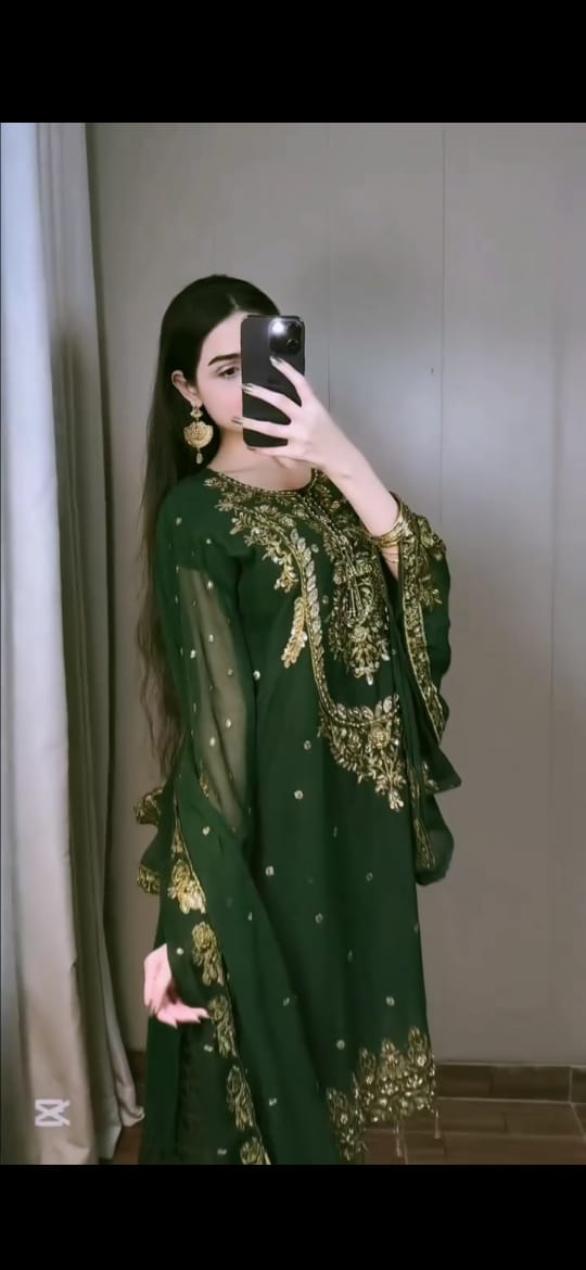 FOREST GREEN HEAVY EMBROIDERED HANDWORK 3PC SUIT