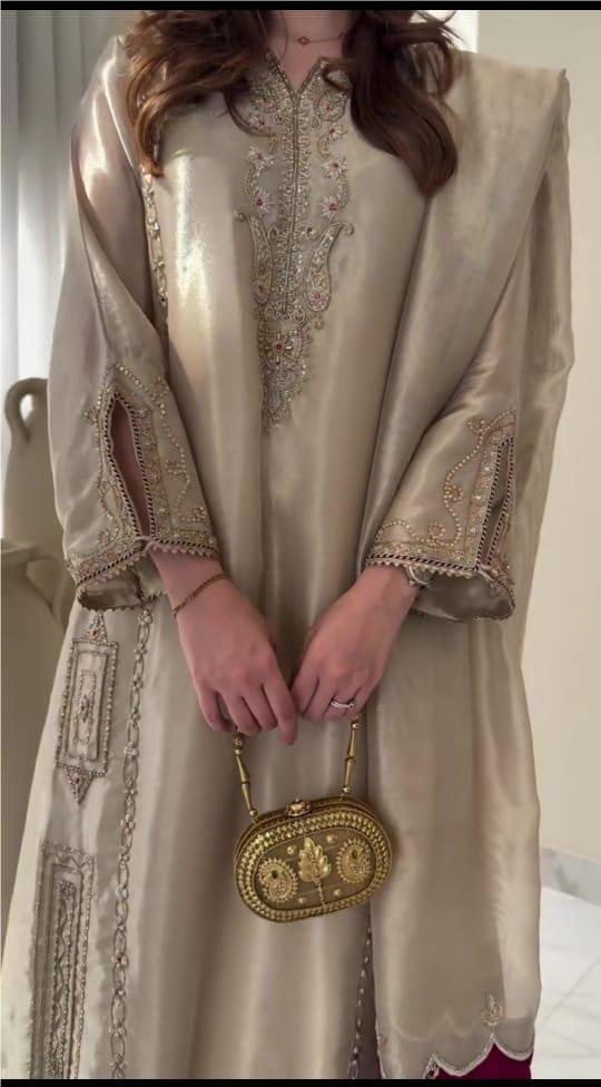 SILVER HEAVY EMBROIDERED 3PC SUIT