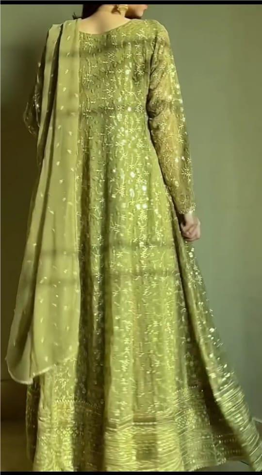 GREEN COLOR EMBROIDERED FROCK WITH DUPATTA AND TROUSER