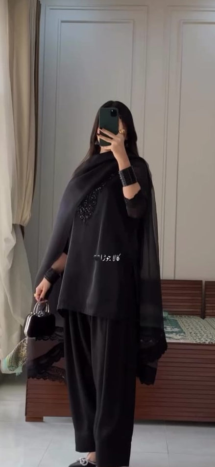 BLACK 3PC SUIT WITH BEAUTIFUL NECK EMBROIDERY