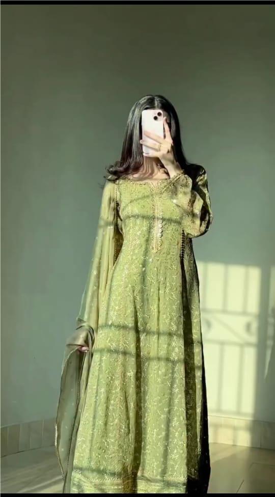 GREEN COLOR EMBROIDERED FROCK WITH DUPATTA AND TROUSER