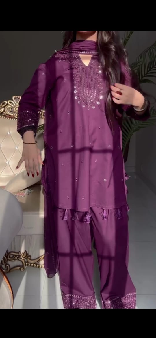 PURPLE COLOR  EMBROIDERED 3PC SUIT WITH FARSHI SHALWAR