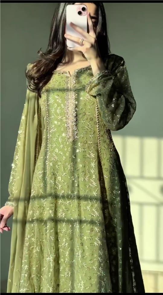 GREEN COLOR EMBROIDERED FROCK WITH DUPATTA AND TROUSER