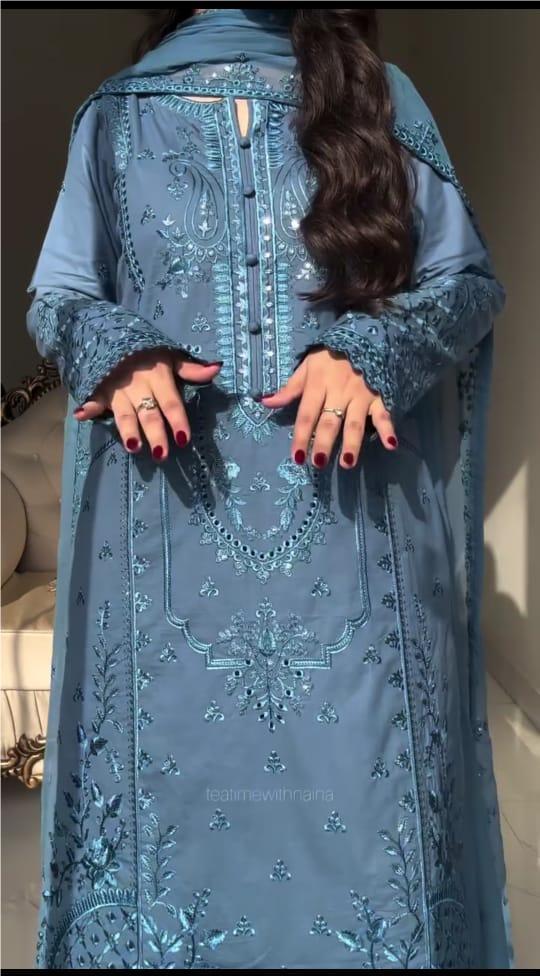 SKY BLUE HEAVY EMBROIDERED 3PC SUIT