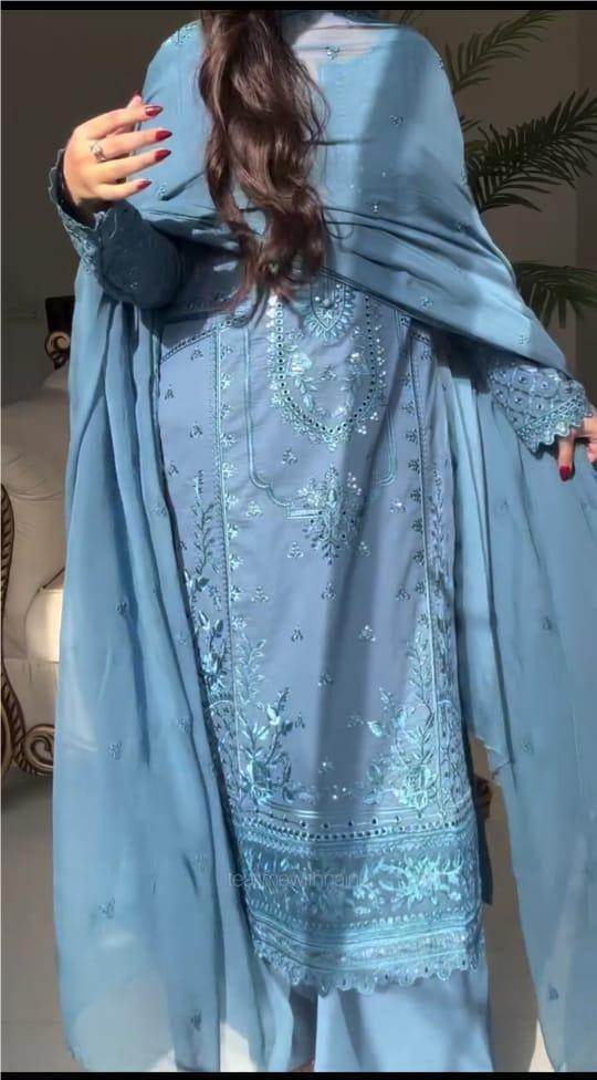 SKY BLUE HEAVY EMBROIDERED 3PC SUIT