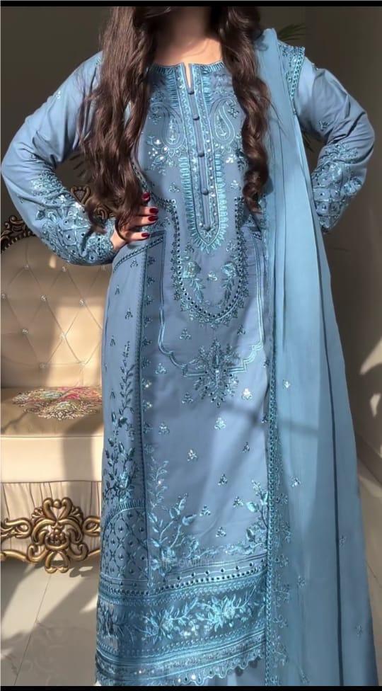 SKY BLUE HEAVY EMBROIDERED 3PC SUIT