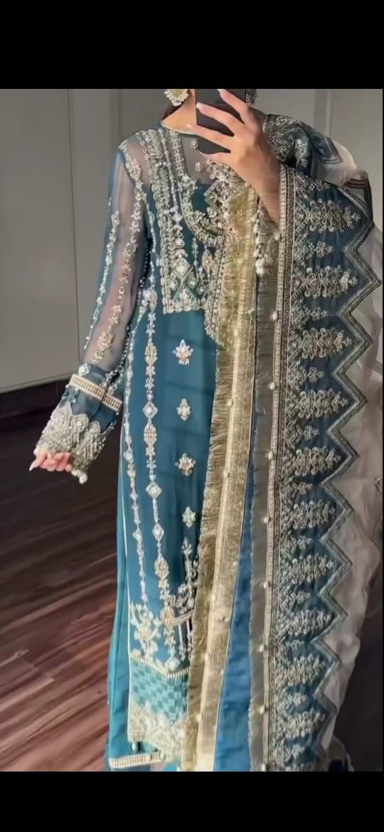 BLUE COLOR BEAUTIFUL EMBROIDERED HANDWORK 3PC SUIT