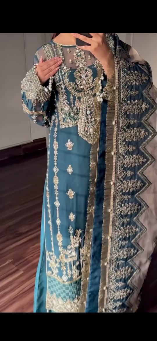 BLUE COLOR BEAUTIFUL EMBROIDERED HANDWORK 3PC SUIT