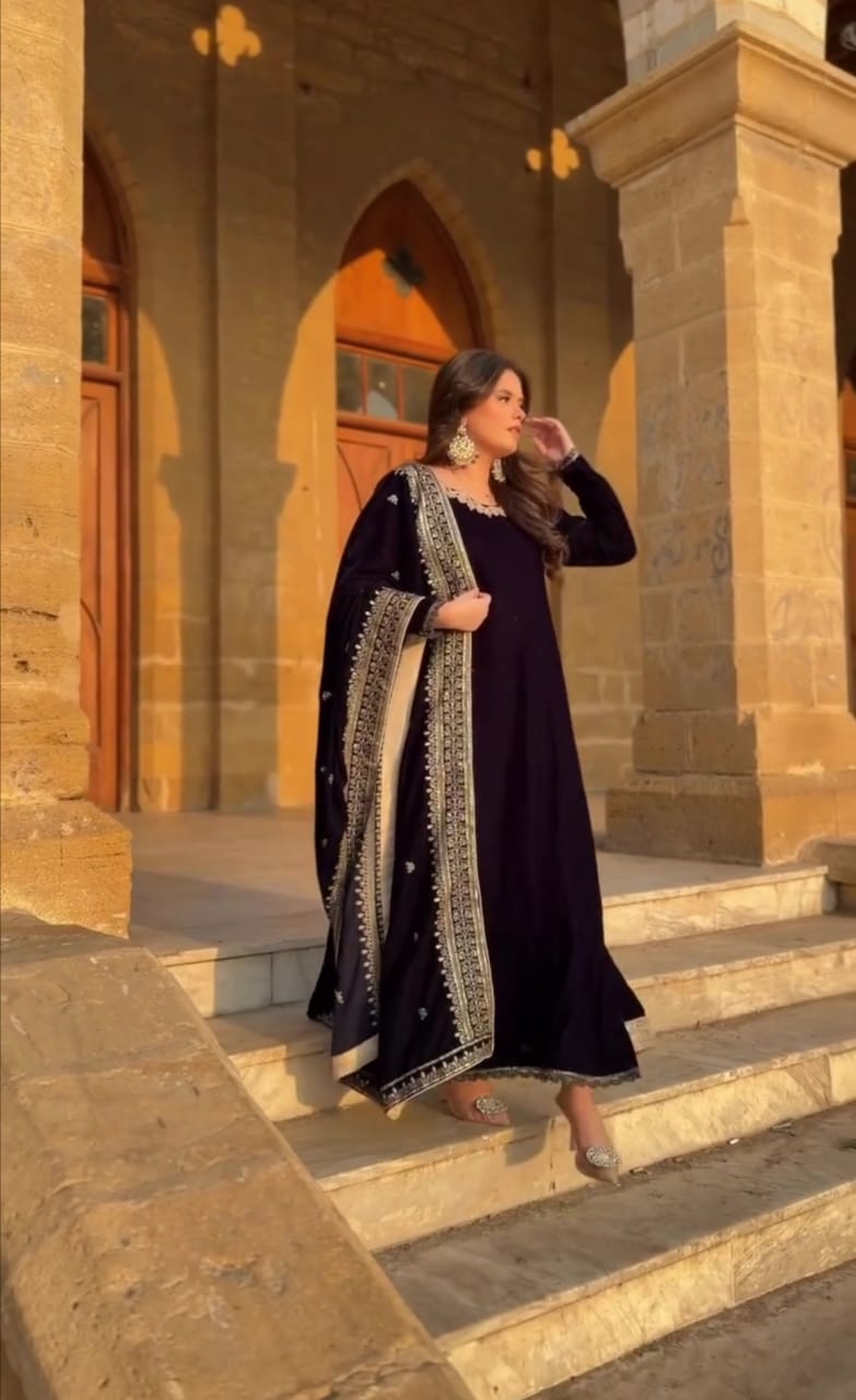 Traditional Elegance Velvet Embroidered 3pc Suit