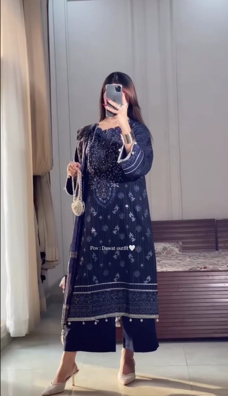 Navy Blue Embroidered 3pc Suit