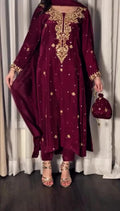 Pearl & Thread Work Embroidered Velvet 3pc Suit
