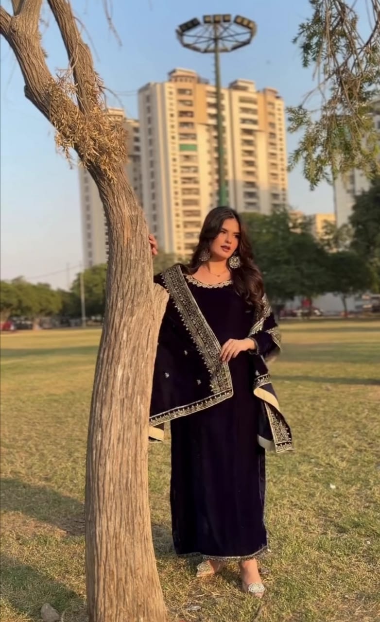 Traditional Elegance Velvet Embroidered 3pc Suit