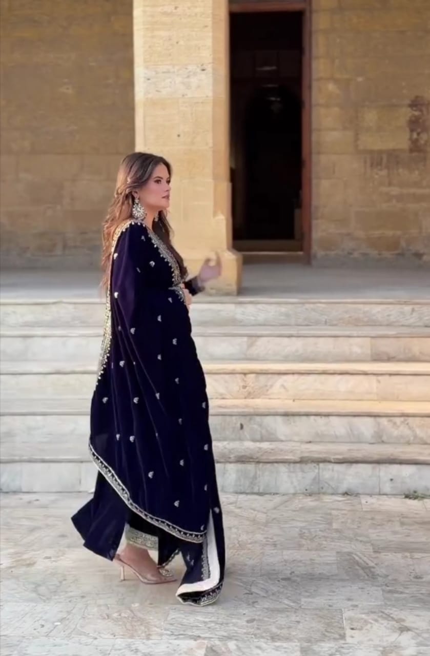 Traditional Elegance Velvet Embroidered 3pc Suit