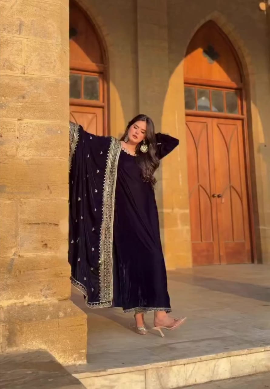 Traditional Elegance Velvet Embroidered 3pc Suit