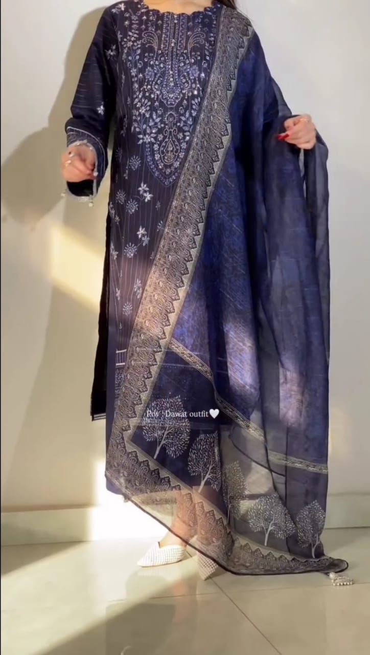 Navy Blue Embroidered 3pc Suit