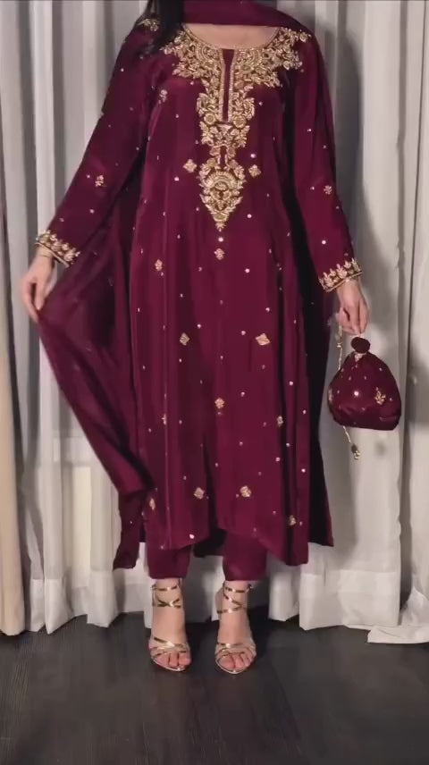 Pearl & Thread Work Embroidered Velvet 3pc Suit