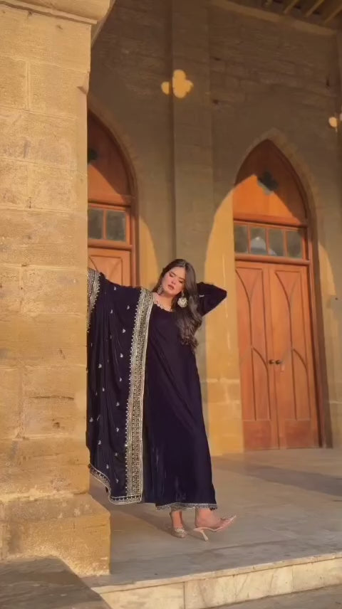 Traditional Elegance Velvet Embroidered 3pc Suit