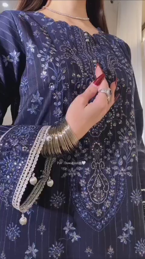 Navy Blue Embroidered 3pc Suit